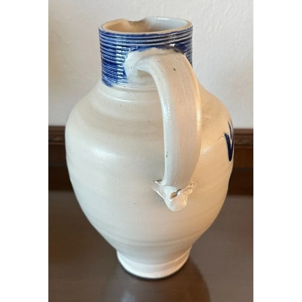 Unmarked Stoneware Salt Glaze Blue Floral & Striped 10.5